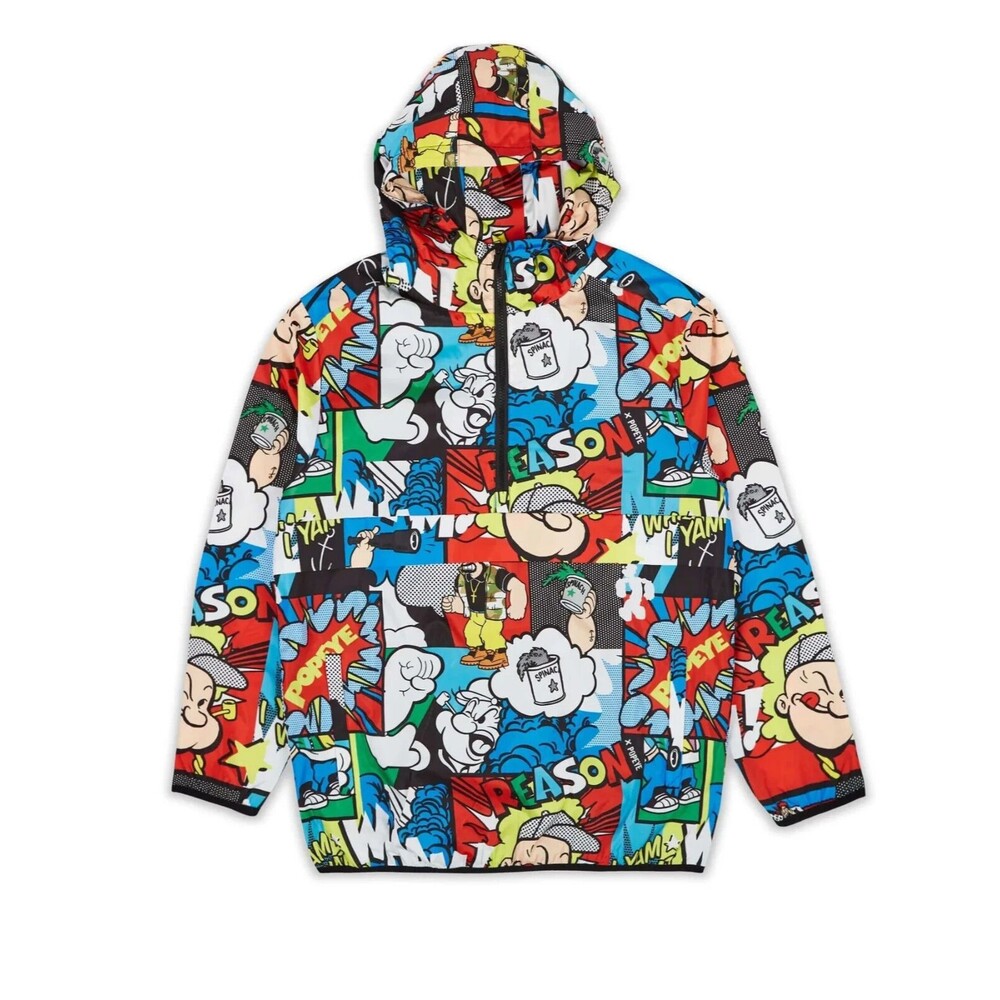 Reason Popeye Men’s Half-Zip Allover Comic Print Anorak Hooded Jacket Size M